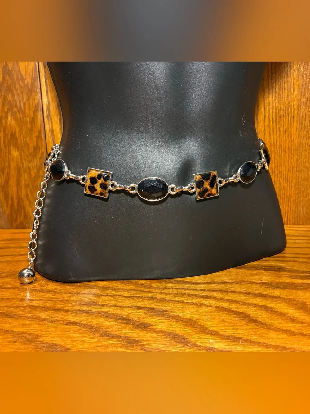 Y2K Vintage Leopard Print Black Stone Chain Belt Silver Adjustable One Size